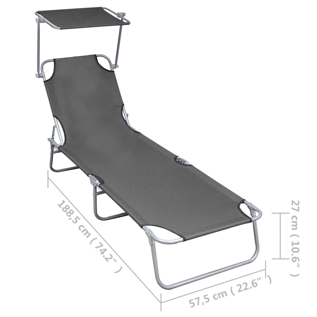 Grey Aluminium Folding Sun Lounger with Canopy - Outdoor Relaxation