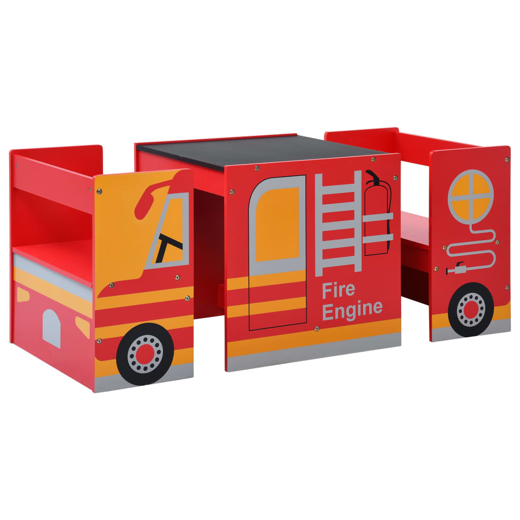 Fire Truck Design 3-Piece Kids Wood Table & Chair Set