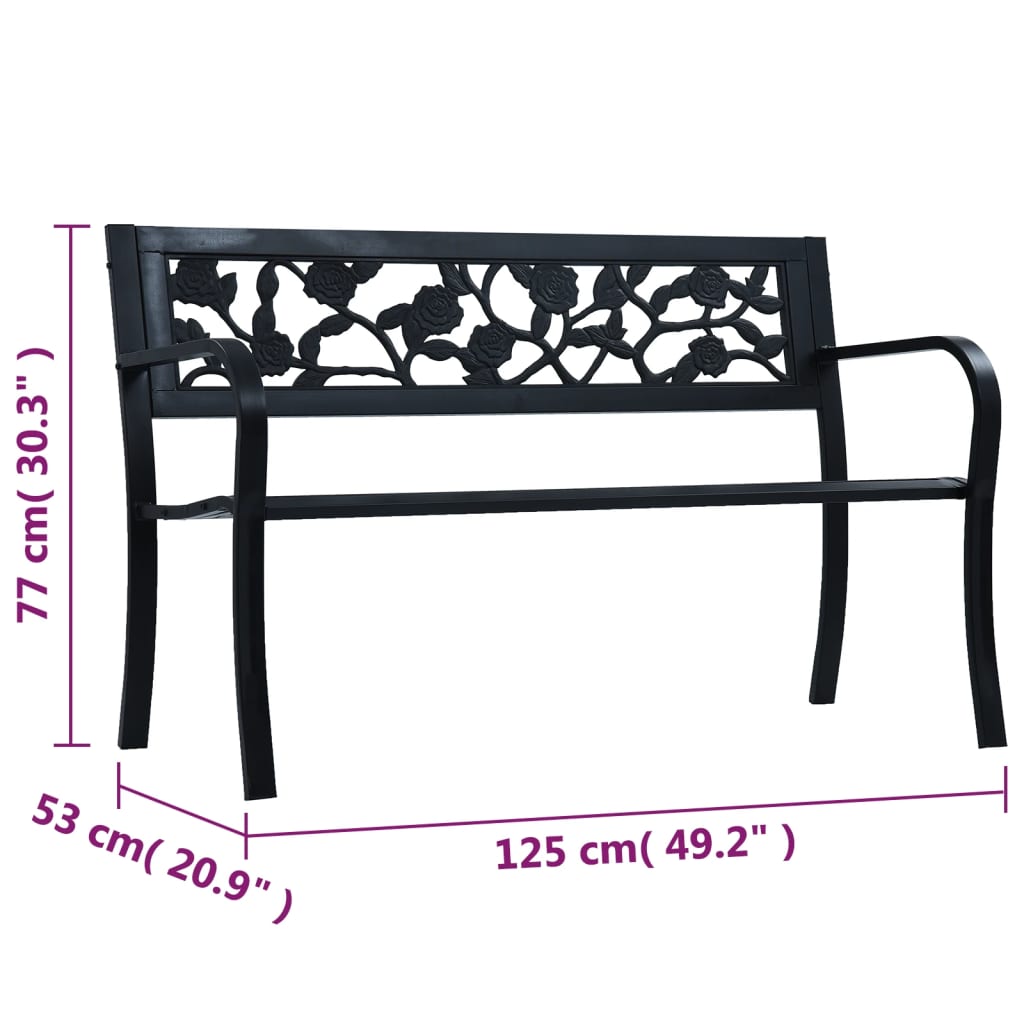 Elegant Black Steel Garden Bench - 125 cm Durable Outdoor Seating