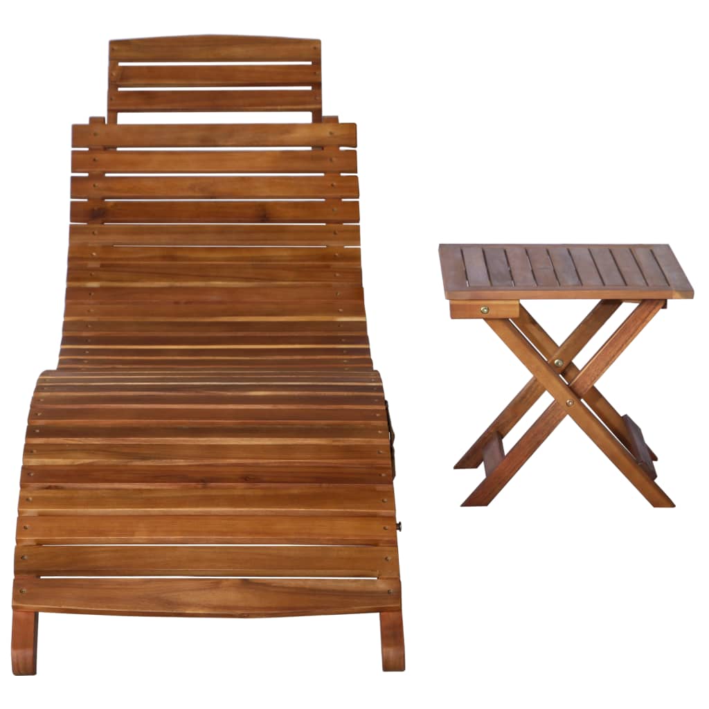Solid Acacia Wood Brown Sunlounger with Table - Stylish & Durable