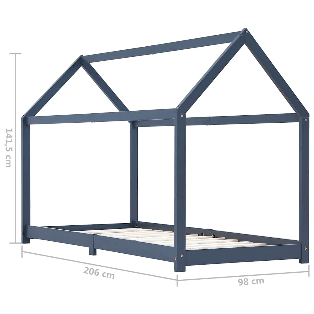 Kids Grey Solid Pine Wood Bed Frame 90x200 cm