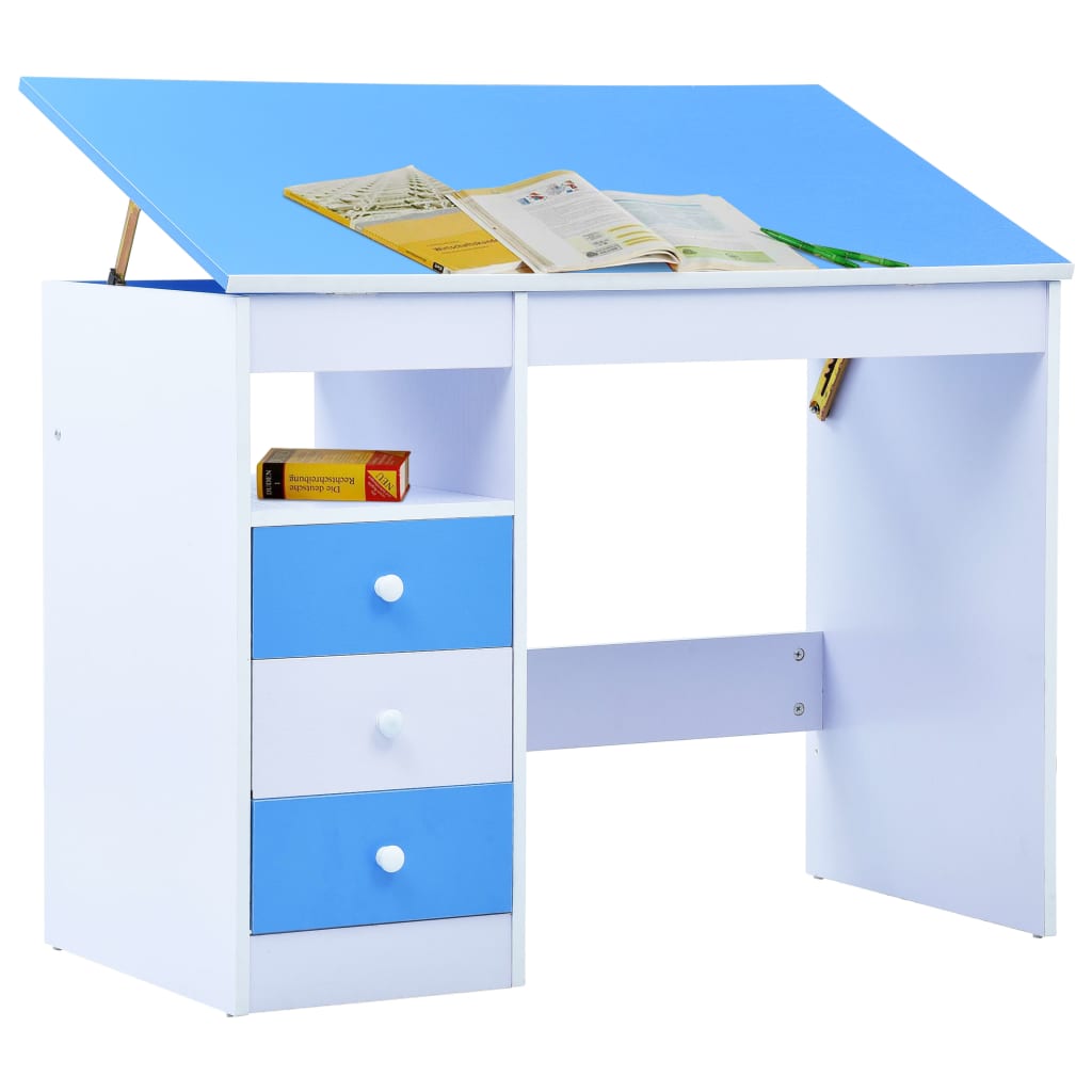 Tiltable Children's Drawing Desk - Blue & White Study Table