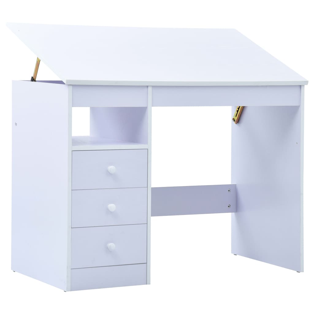 Tiltable Children's Drawing Desk - White Wood Study Table