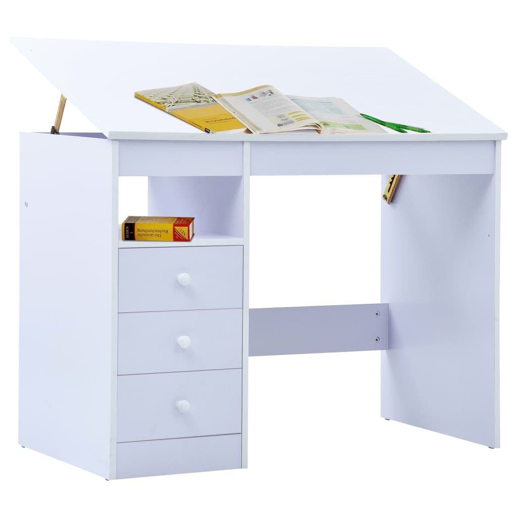 Tiltable Children's Drawing Desk - White Wood Study Table
