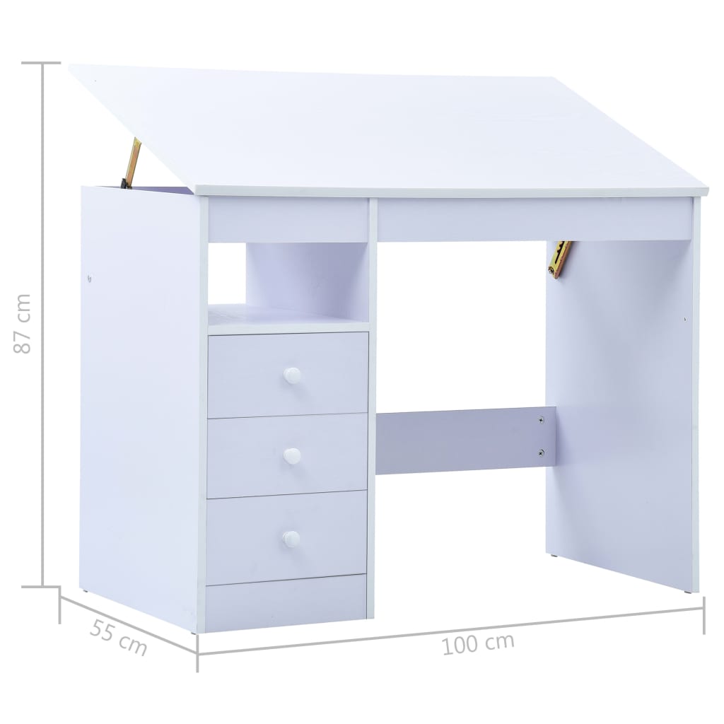 Tiltable Children's Drawing Desk - White Wood Study Table