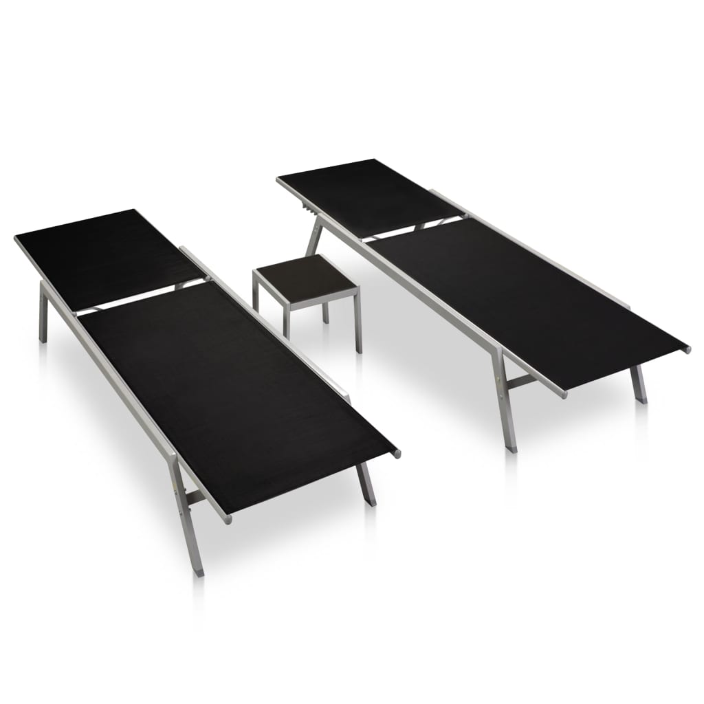 2-Piece Black Steel Sun Loungers & Table Set - Textilene Fabric