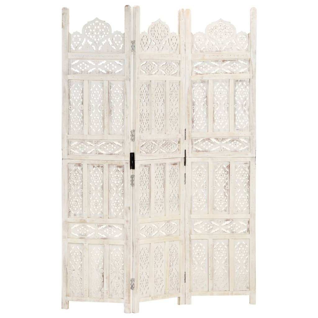 White Solid Mango Wood Hand-Carved Room Divider, 3-Panel, 120x165 cm