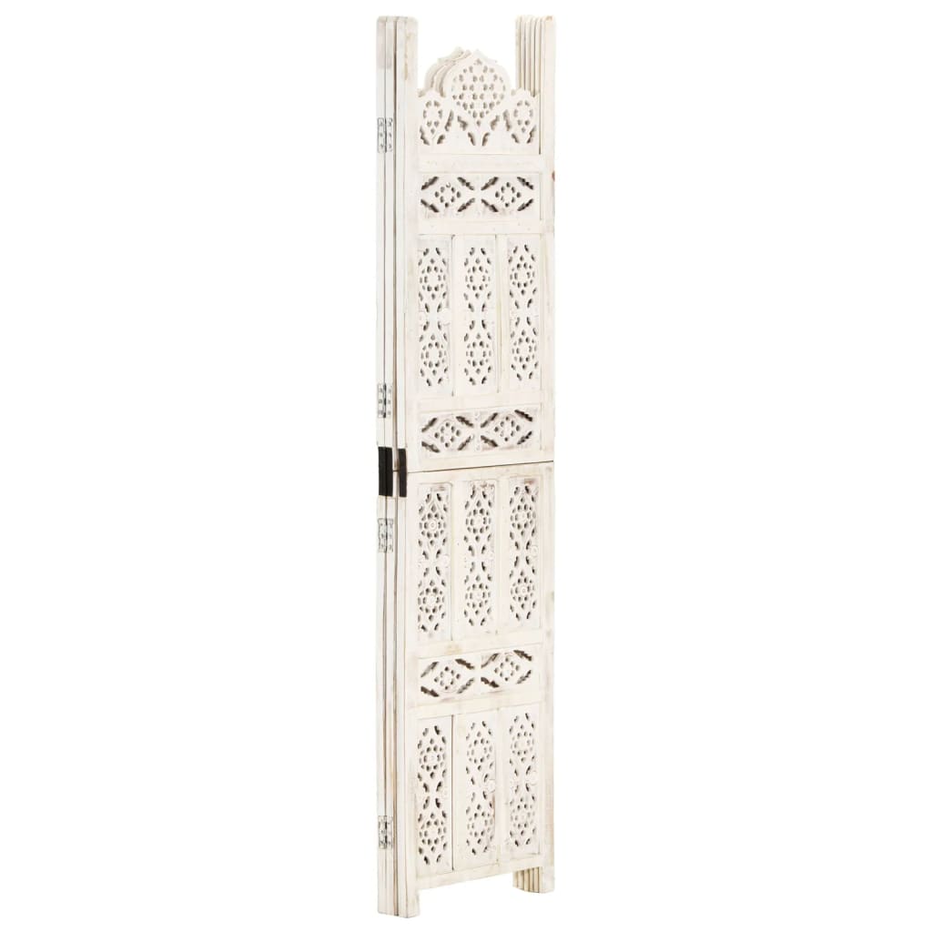 White Solid Mango Wood Hand-Carved Room Divider, 3-Panel, 120x165 cm