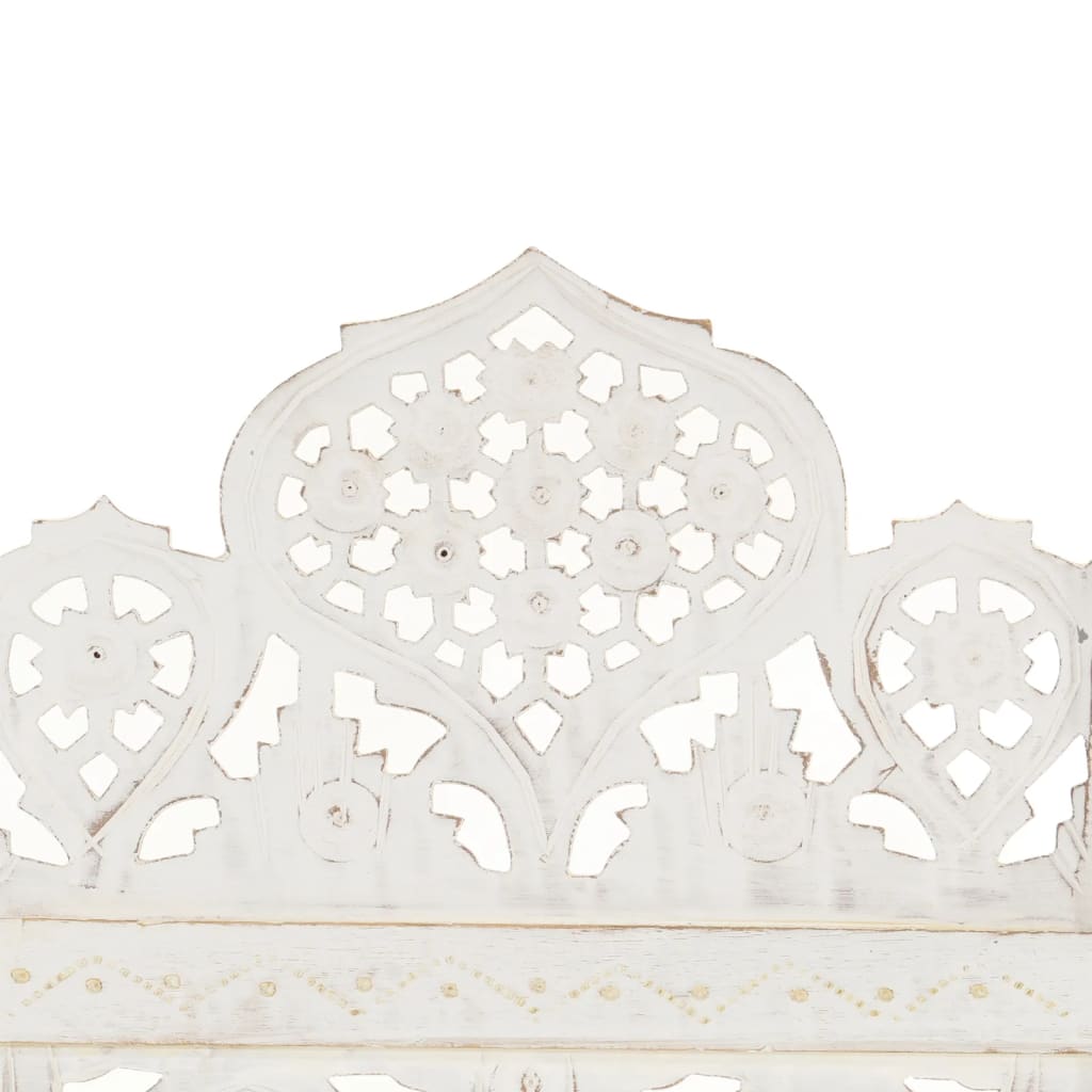 White Solid Mango Wood Hand-Carved Room Divider, 3-Panel, 120x165 cm