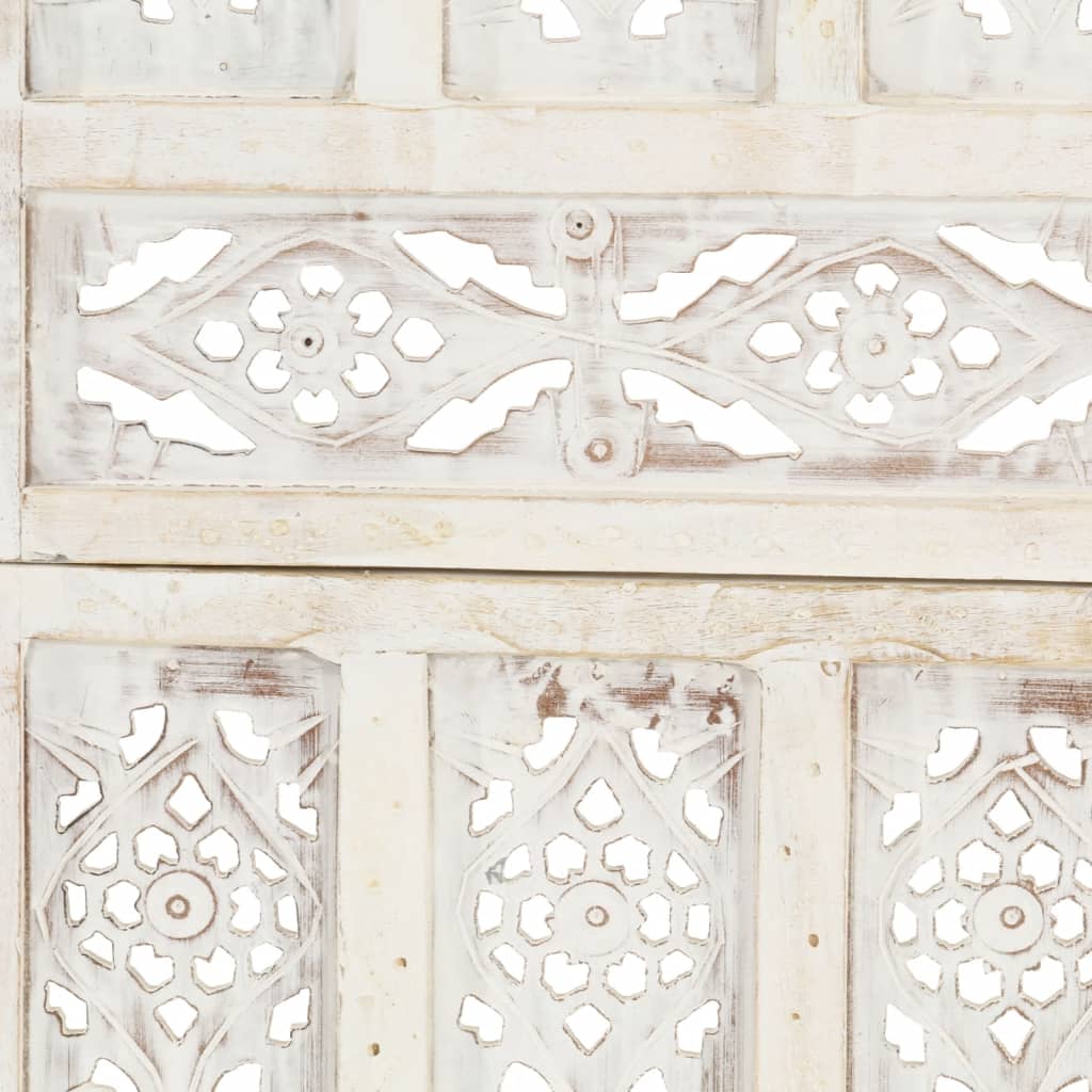 White Solid Mango Wood Hand-Carved Room Divider, 3-Panel, 120x165 cm
