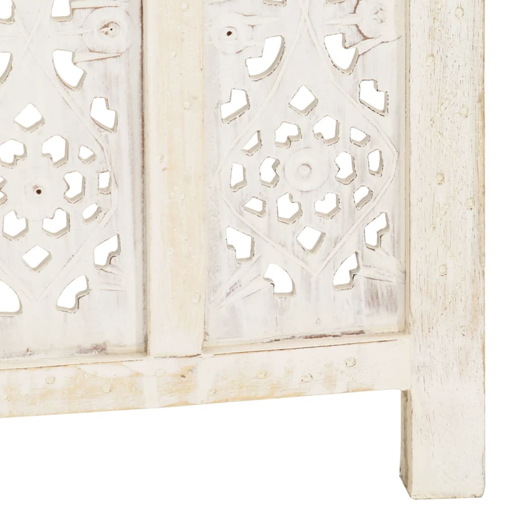 White Solid Mango Wood Hand-Carved Room Divider, 3-Panel, 120x165 cm