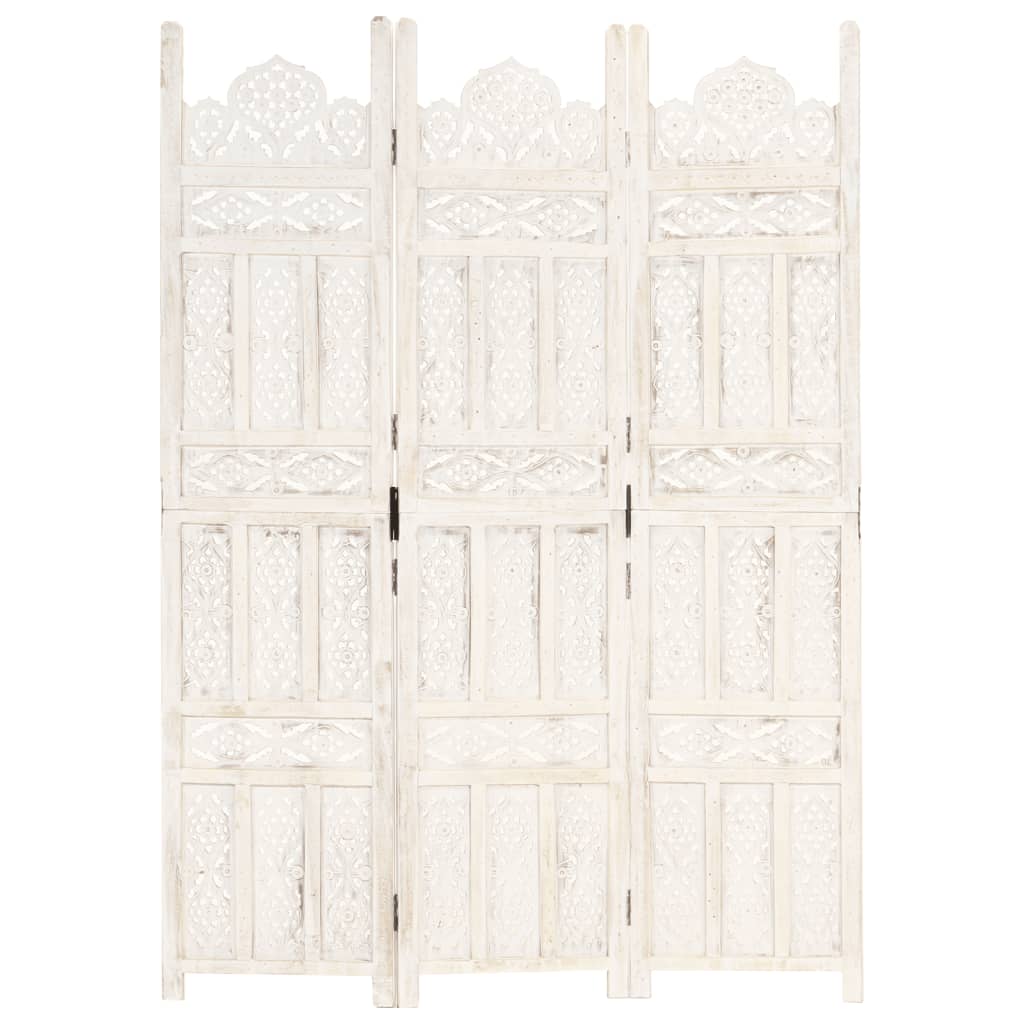 White Solid Mango Wood Hand-Carved Room Divider, 3-Panel, 120x165 cm