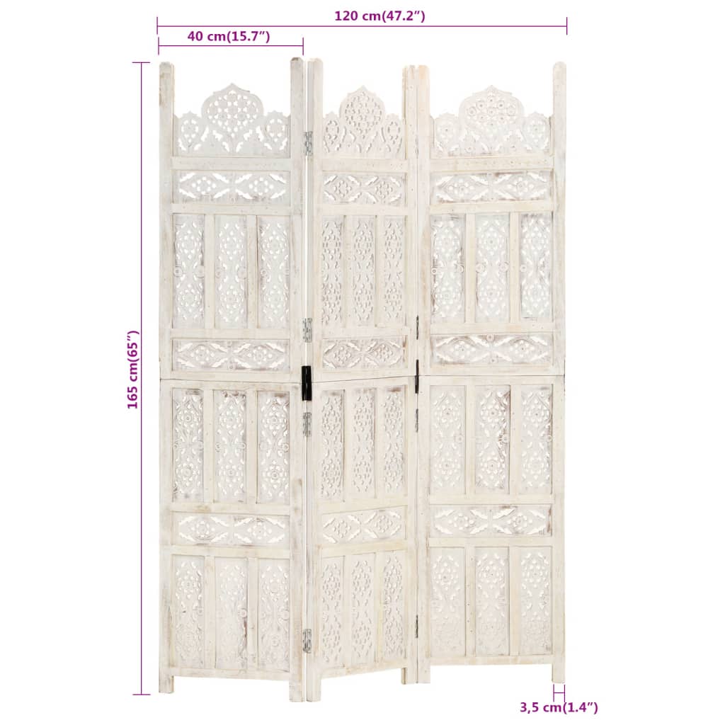 White Solid Mango Wood Hand-Carved Room Divider, 3-Panel, 120x165 cm