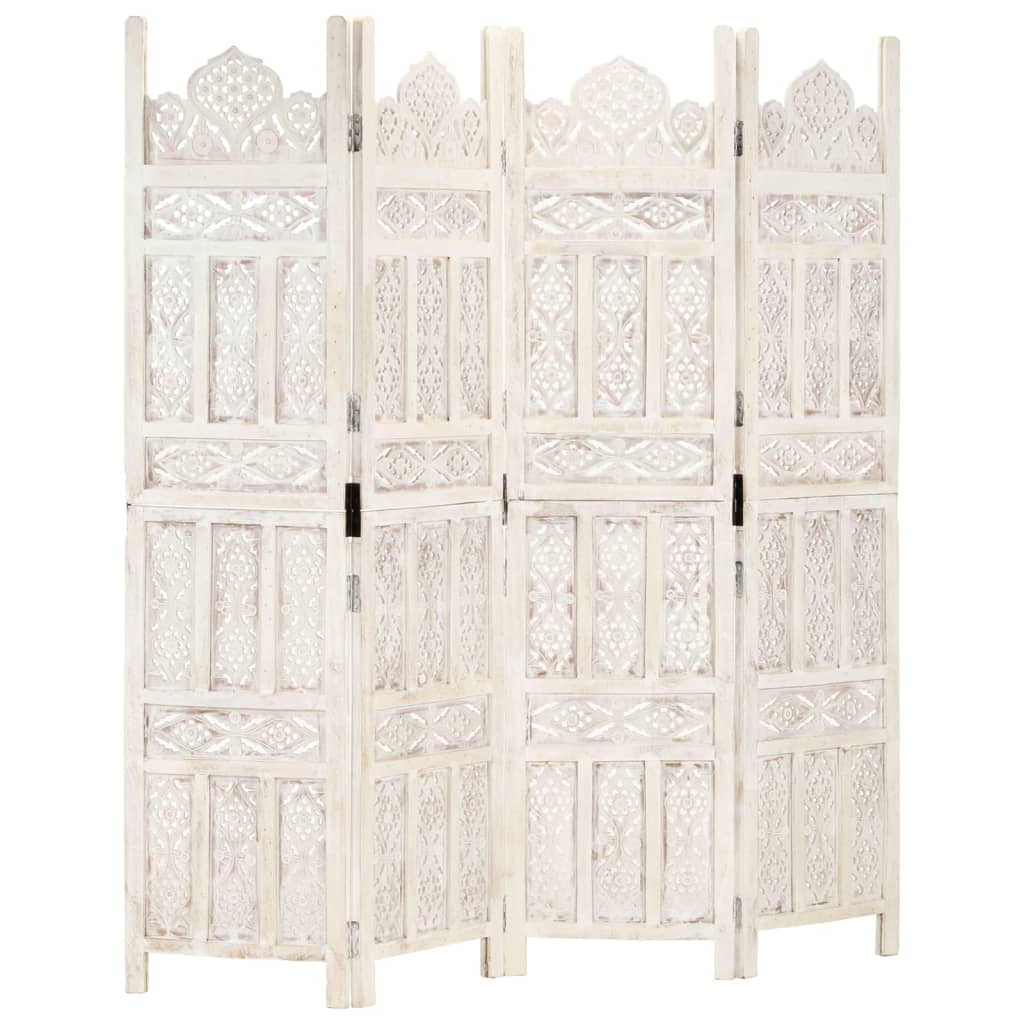 Hand-Carved White Mango Wood 4-Panel Room Divider 160x165 cm