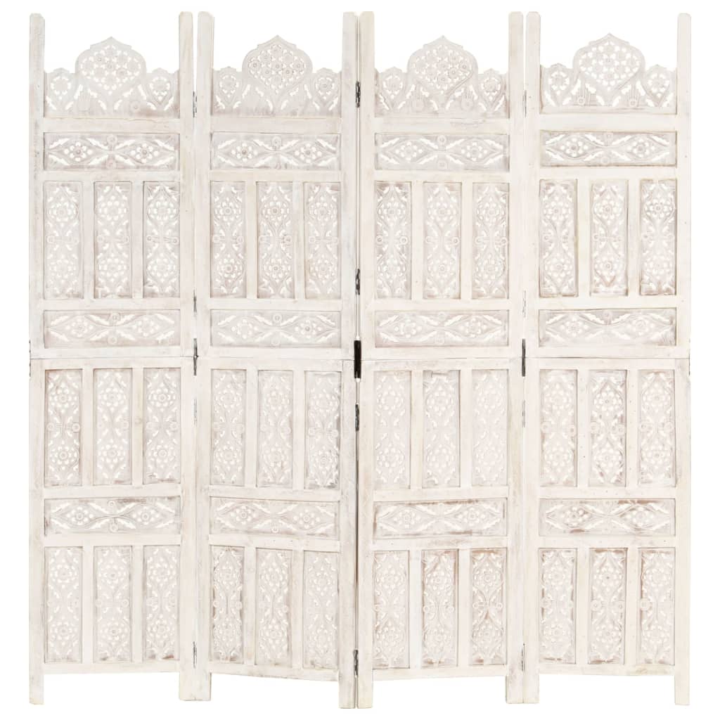 Hand-Carved White Mango Wood 4-Panel Room Divider 160x165 cm