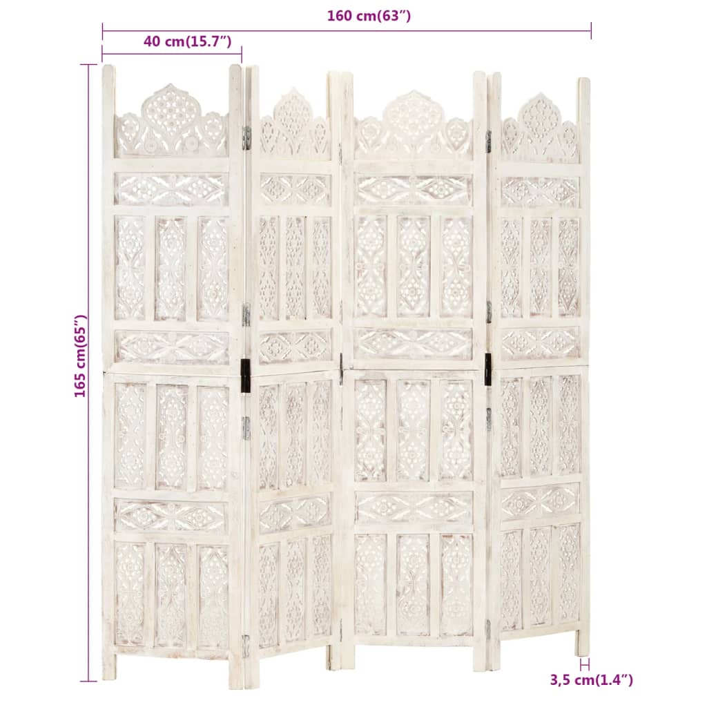 Hand-Carved White Mango Wood 4-Panel Room Divider 160x165 cm