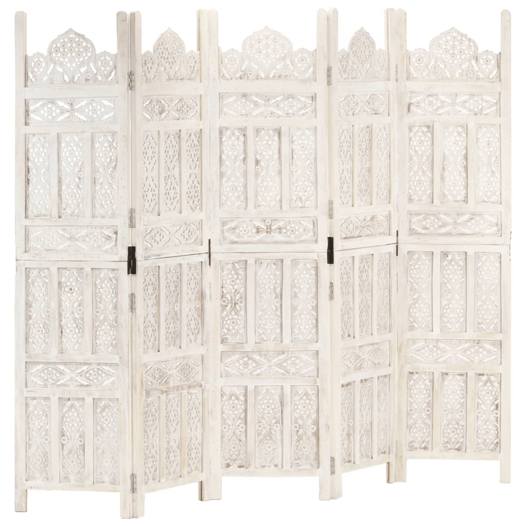 Hand-Carved White 5-Panel Room Divider, Mango Wood, 200x165 cm