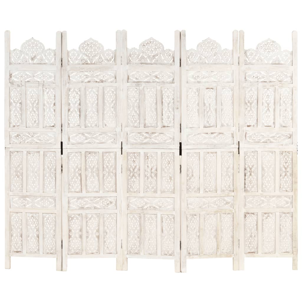 Hand-Carved White 5-Panel Room Divider, Mango Wood, 200x165 cm