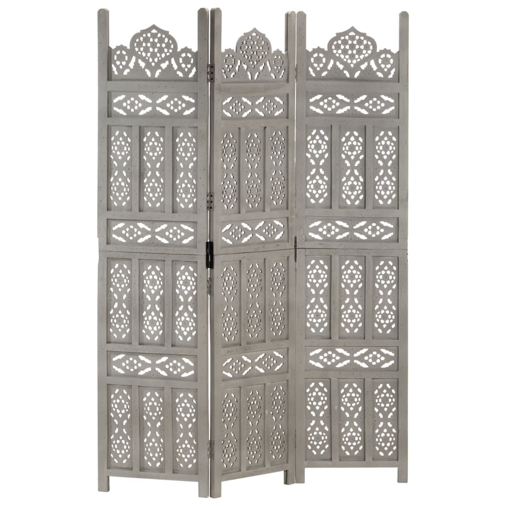 Hand-Carved Grey Solid Mango Wood 3-Panel Room Divider (120x165cm)
