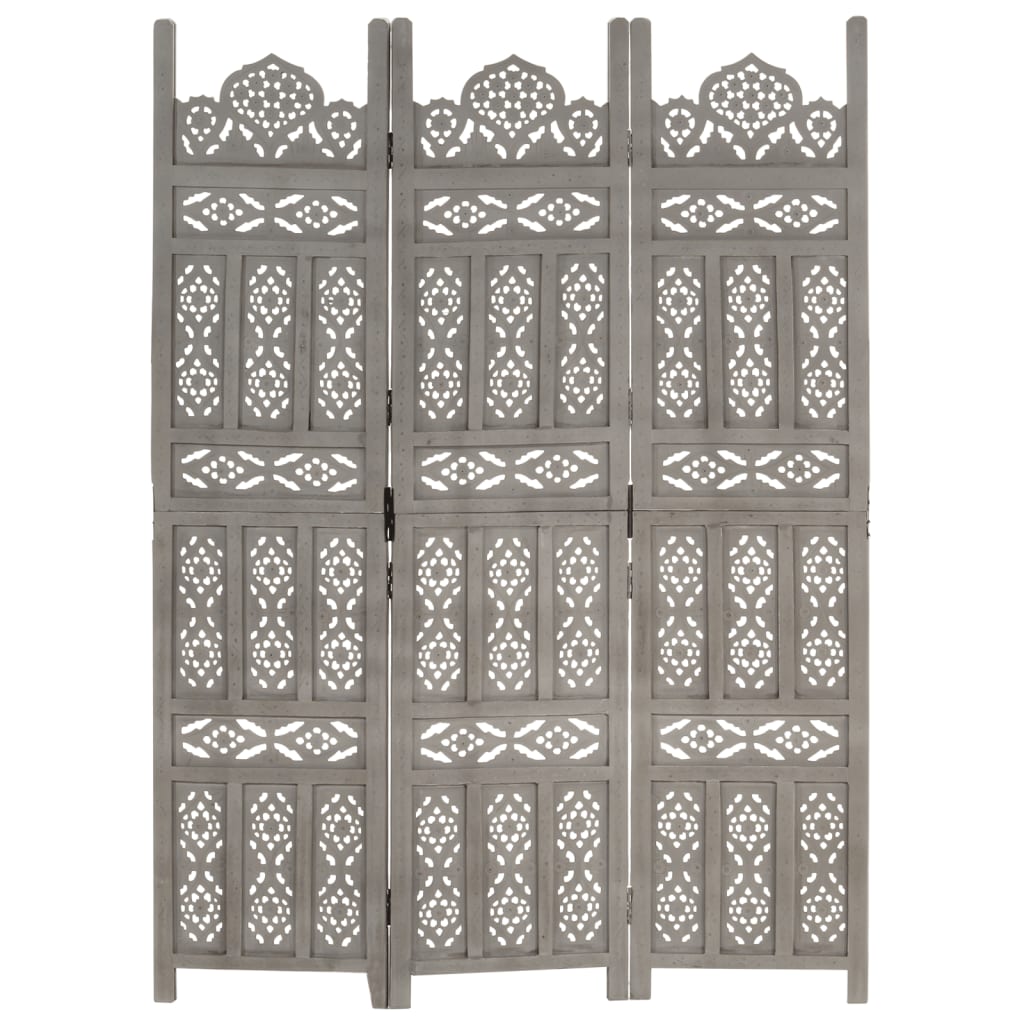 Hand-Carved Grey Solid Mango Wood 3-Panel Room Divider (120x165cm)