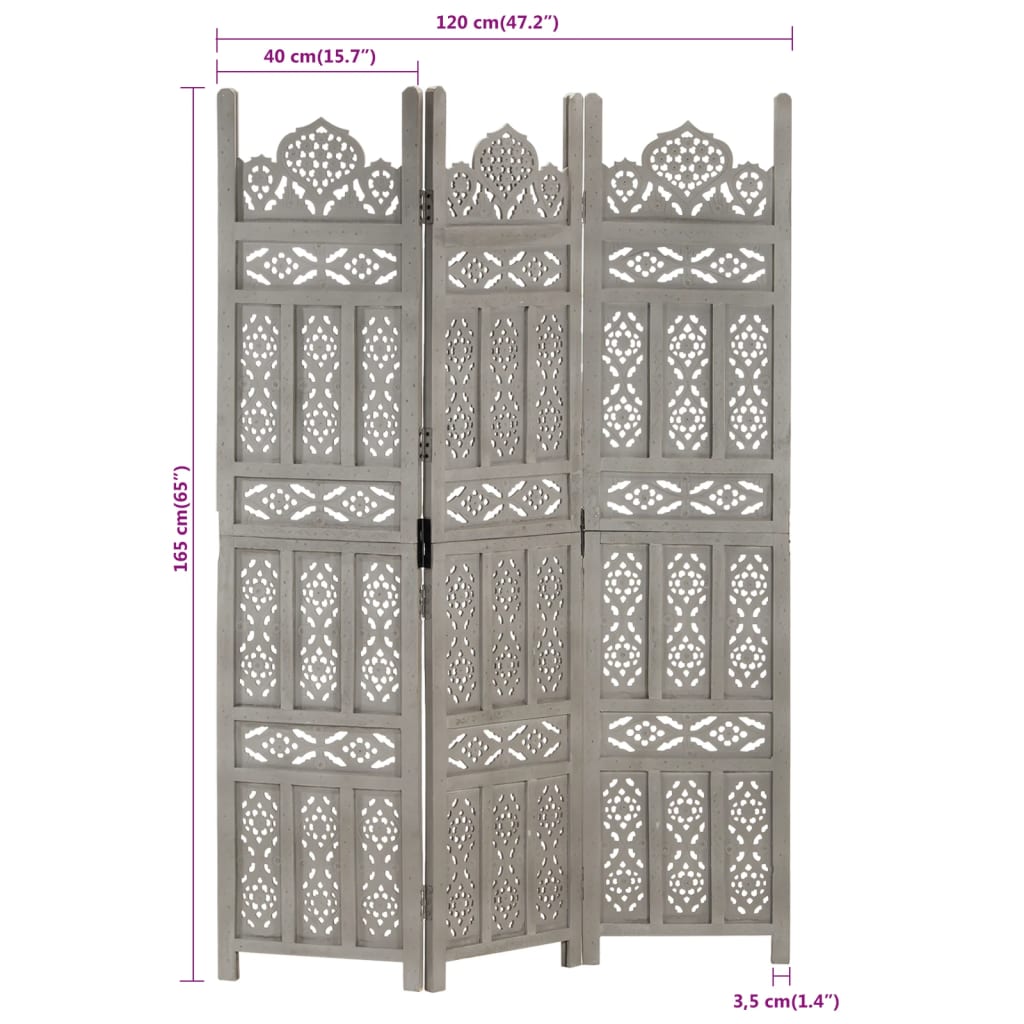 Hand-Carved Grey Solid Mango Wood 3-Panel Room Divider (120x165cm)
