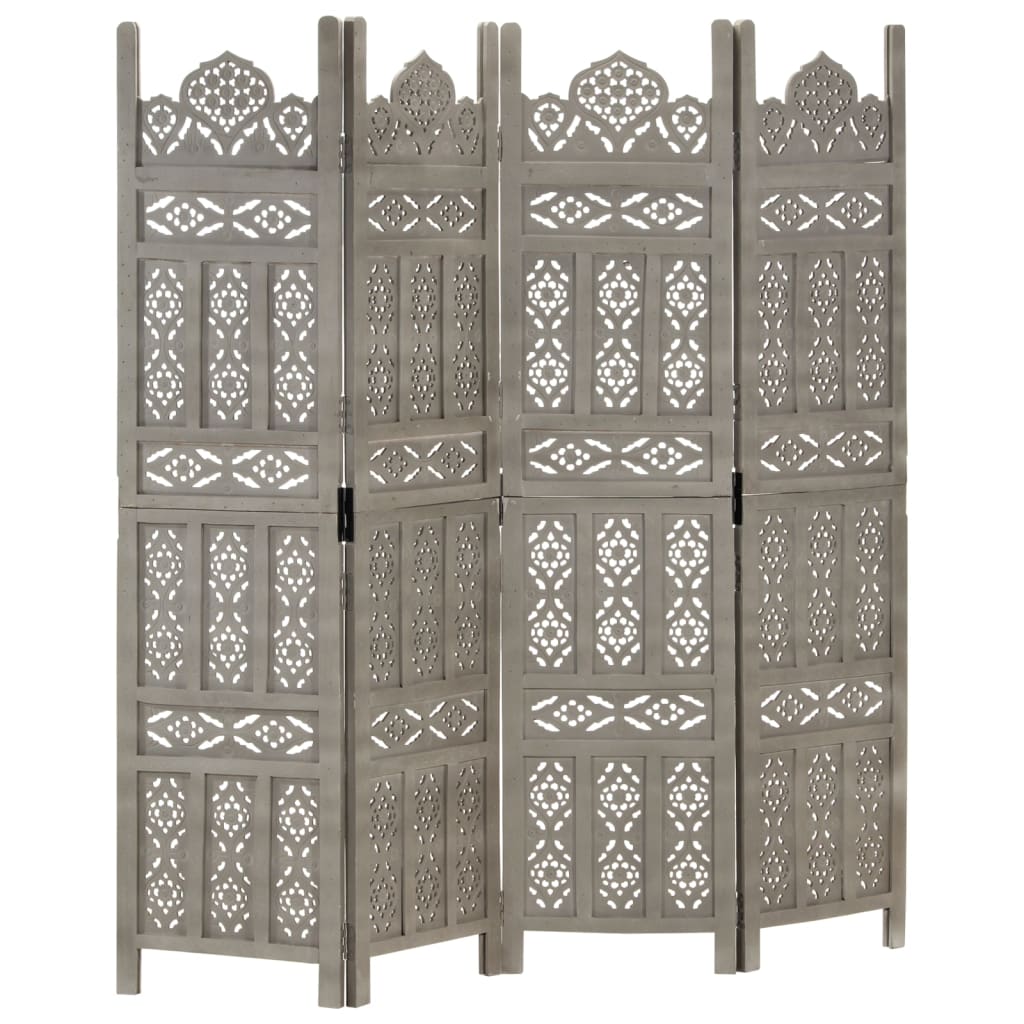 Grey Solid Mango Wood 4-Panel Room Divider - Hand Carved 160x165 cm