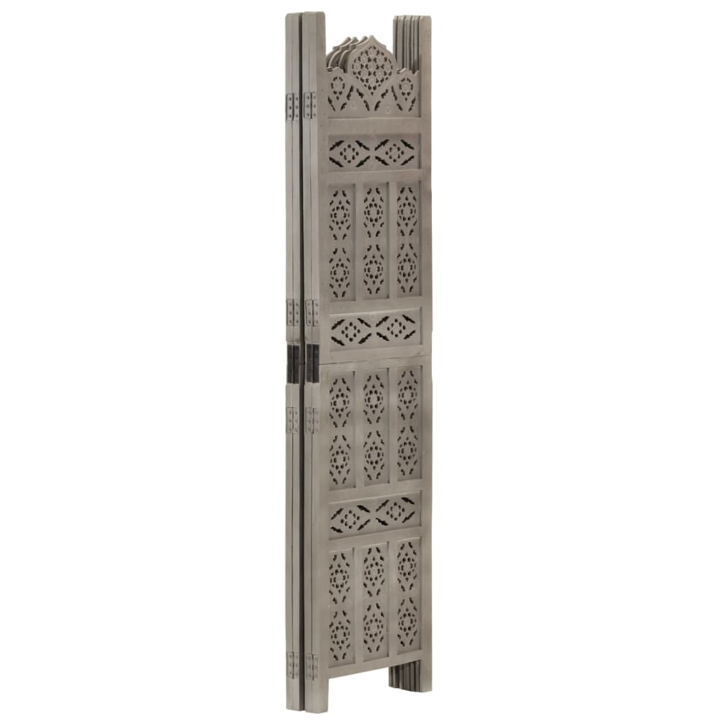 Grey Solid Mango Wood 4-Panel Room Divider - Hand Carved 160x165 cm
