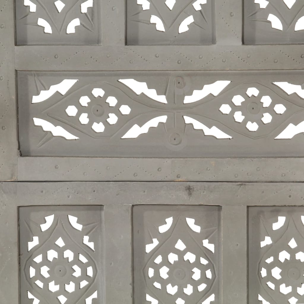 Grey Solid Mango Wood 4-Panel Room Divider - Hand Carved 160x165 cm