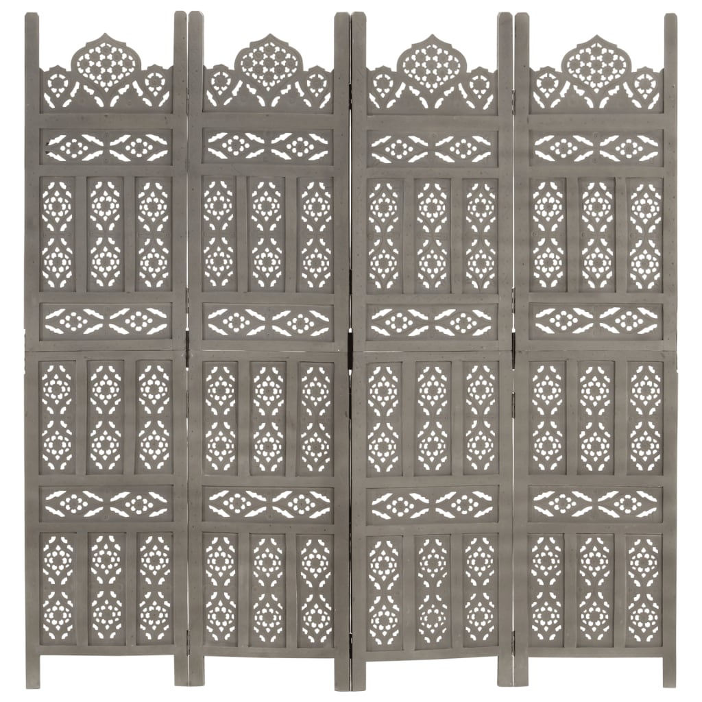 Grey Solid Mango Wood 4-Panel Room Divider - Hand Carved 160x165 cm