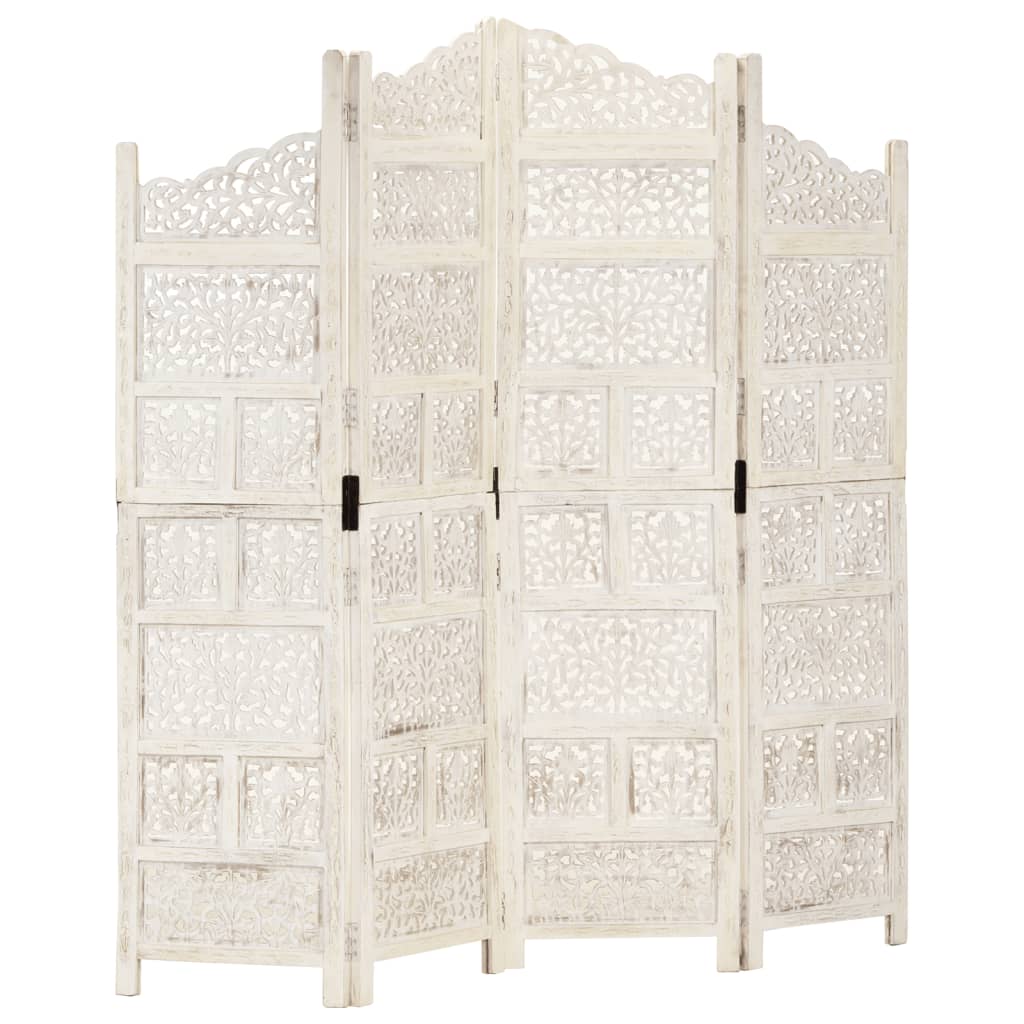 Hand-Carved White Mango Wood Room Divider, 4-Panel, 160x165 cm