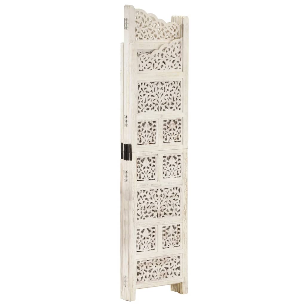 Hand-Carved White Mango Wood Room Divider, 4-Panel, 160x165 cm