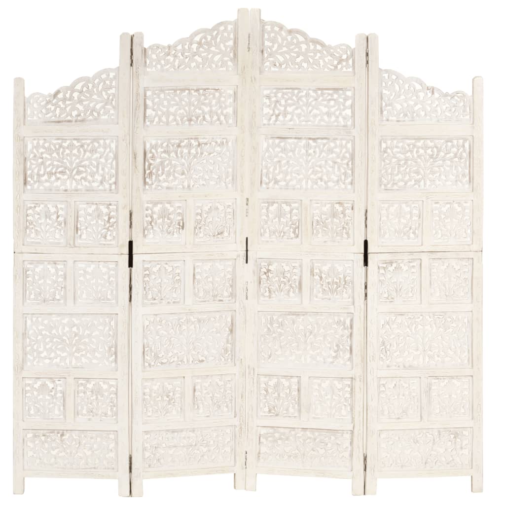 Hand-Carved White Mango Wood Room Divider, 4-Panel, 160x165 cm