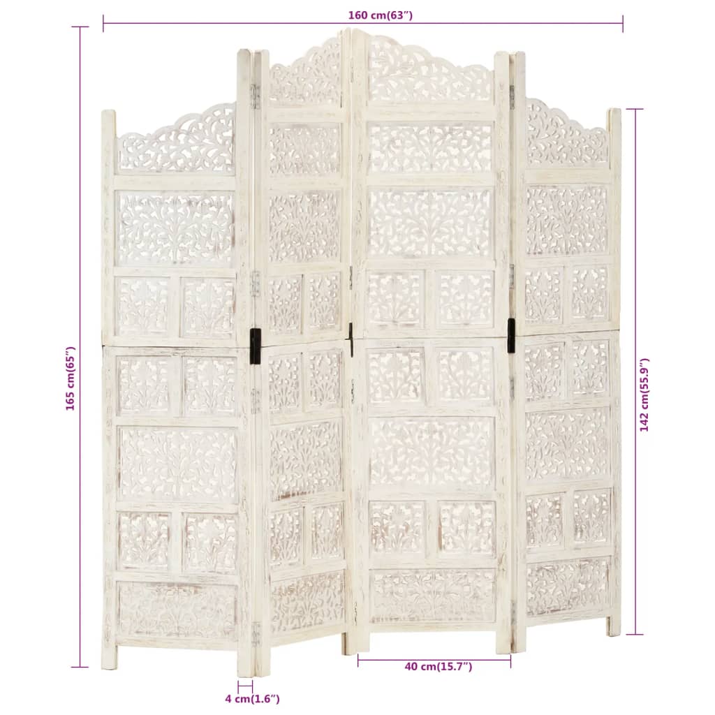 Hand-Carved White Mango Wood Room Divider, 4-Panel, 160x165 cm