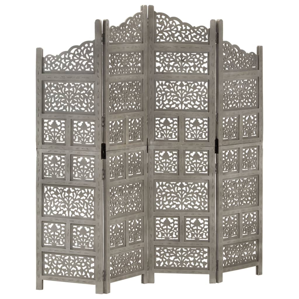 Hand-Carved Grey Mango Wood 4-Panel Room Divider 160x165 cm