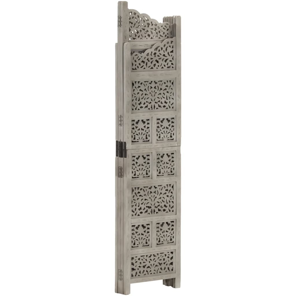 Hand-Carved Grey Mango Wood 4-Panel Room Divider 160x165 cm