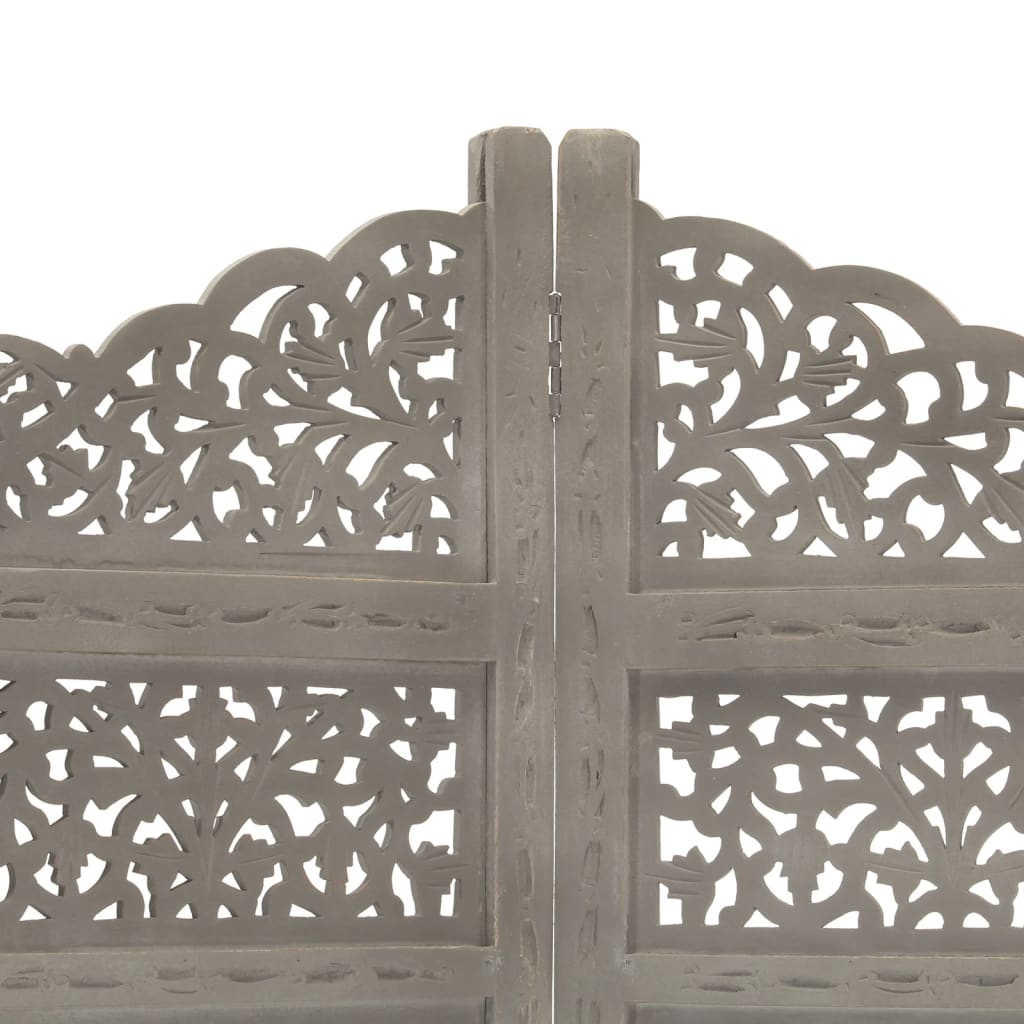 Hand-Carved Grey Mango Wood 4-Panel Room Divider 160x165 cm