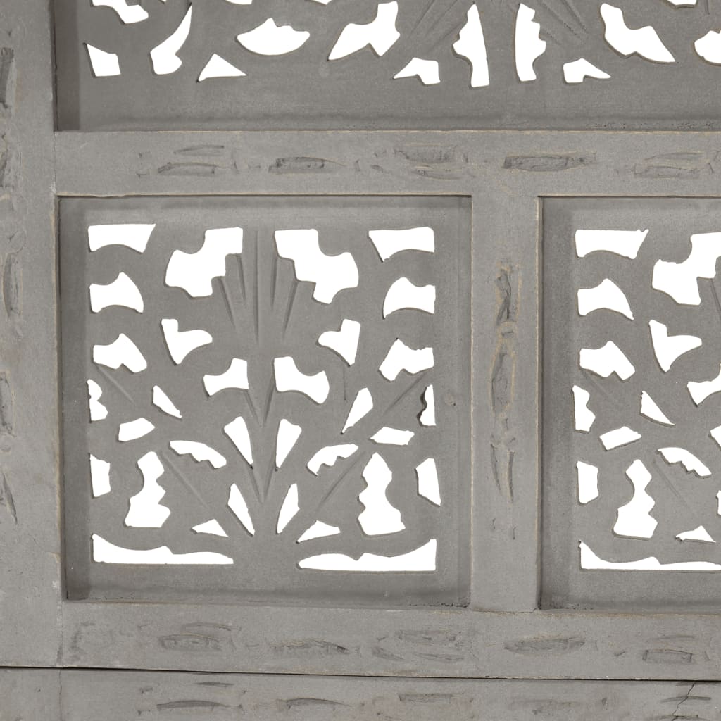 Hand-Carved Grey Mango Wood 4-Panel Room Divider 160x165 cm