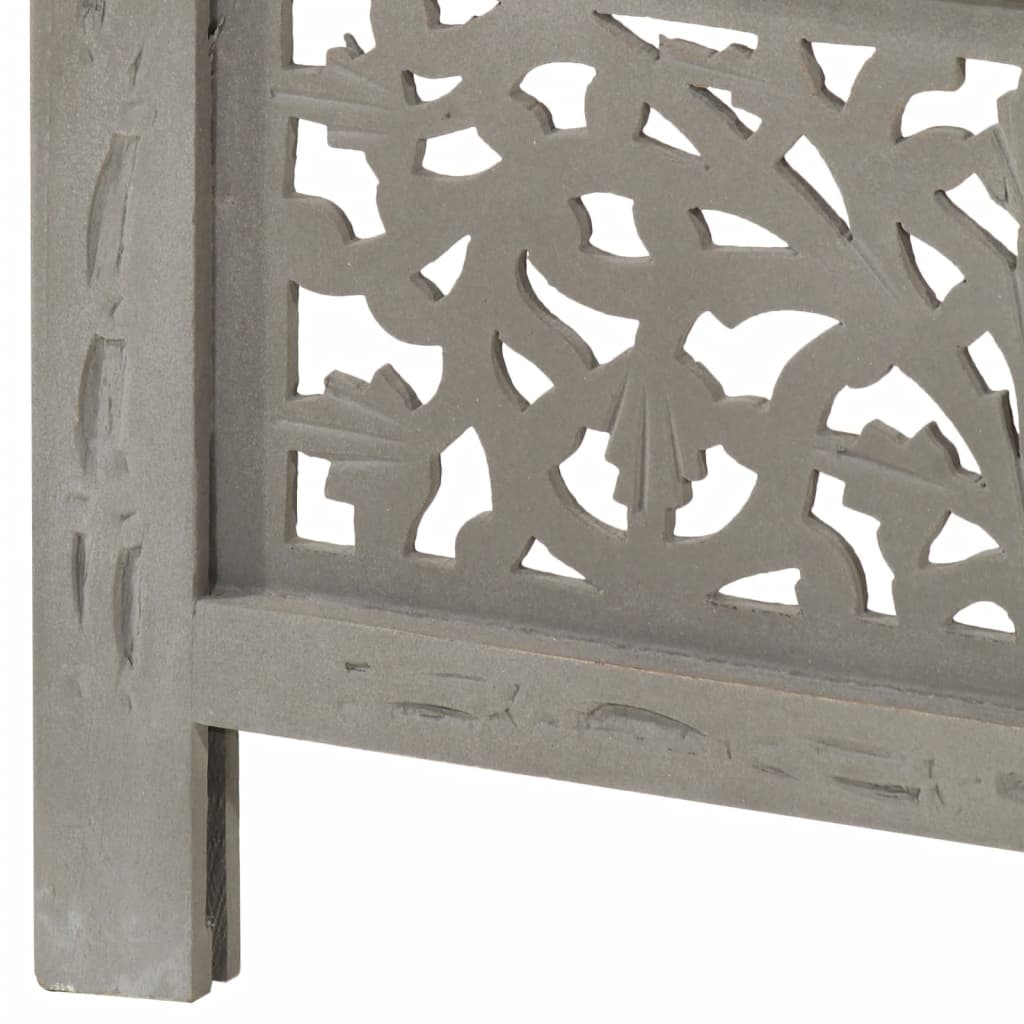 Hand-Carved Grey Mango Wood 4-Panel Room Divider 160x165 cm