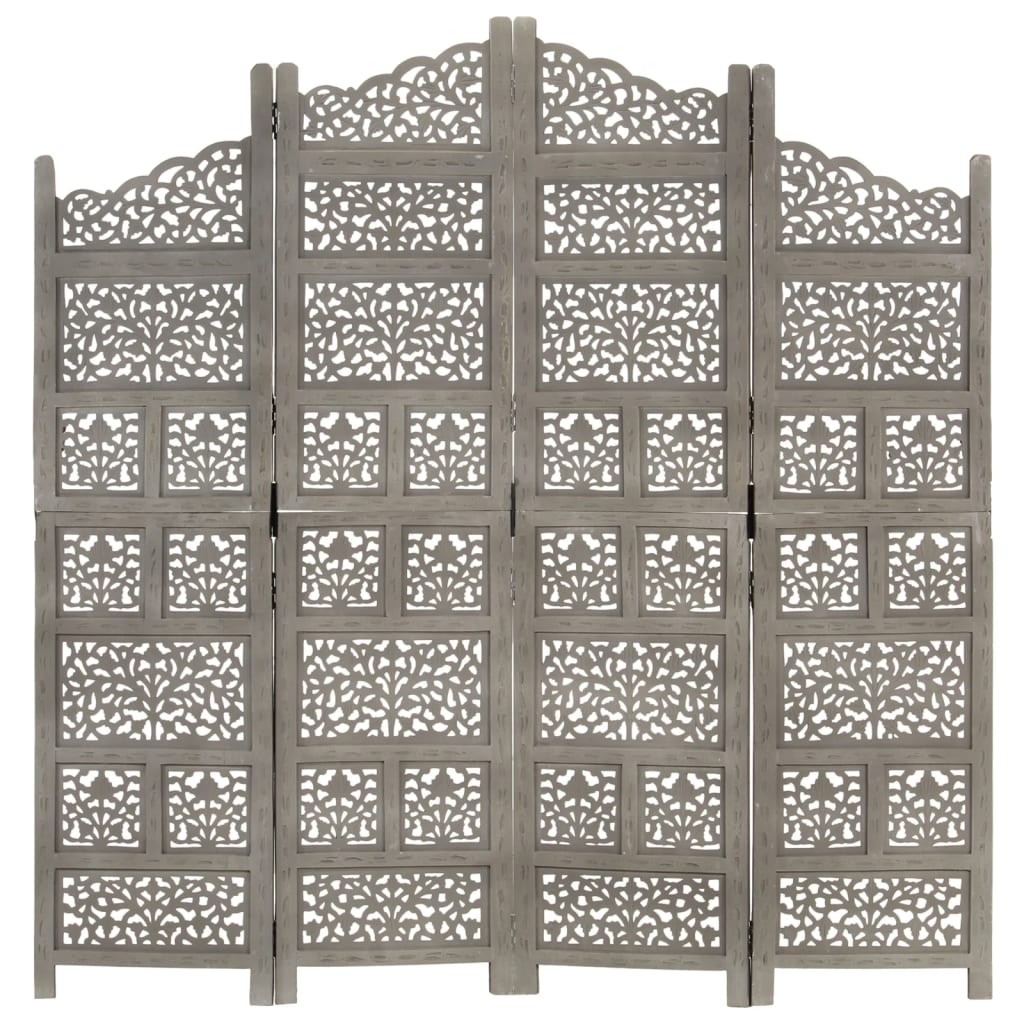 Hand-Carved Grey Mango Wood 4-Panel Room Divider 160x165 cm