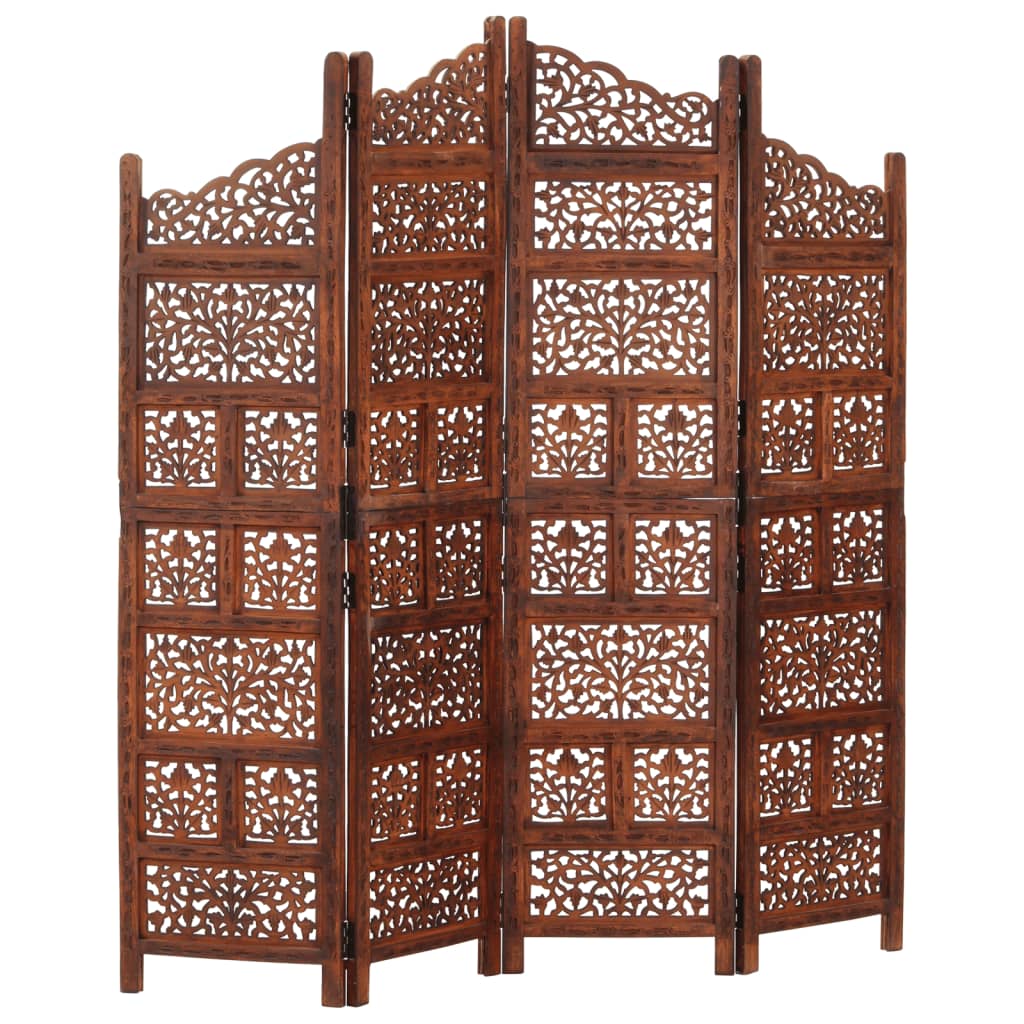 Hand-Carved Solid Mango Wood 4-Panel Brown Room Divider 160x165cm