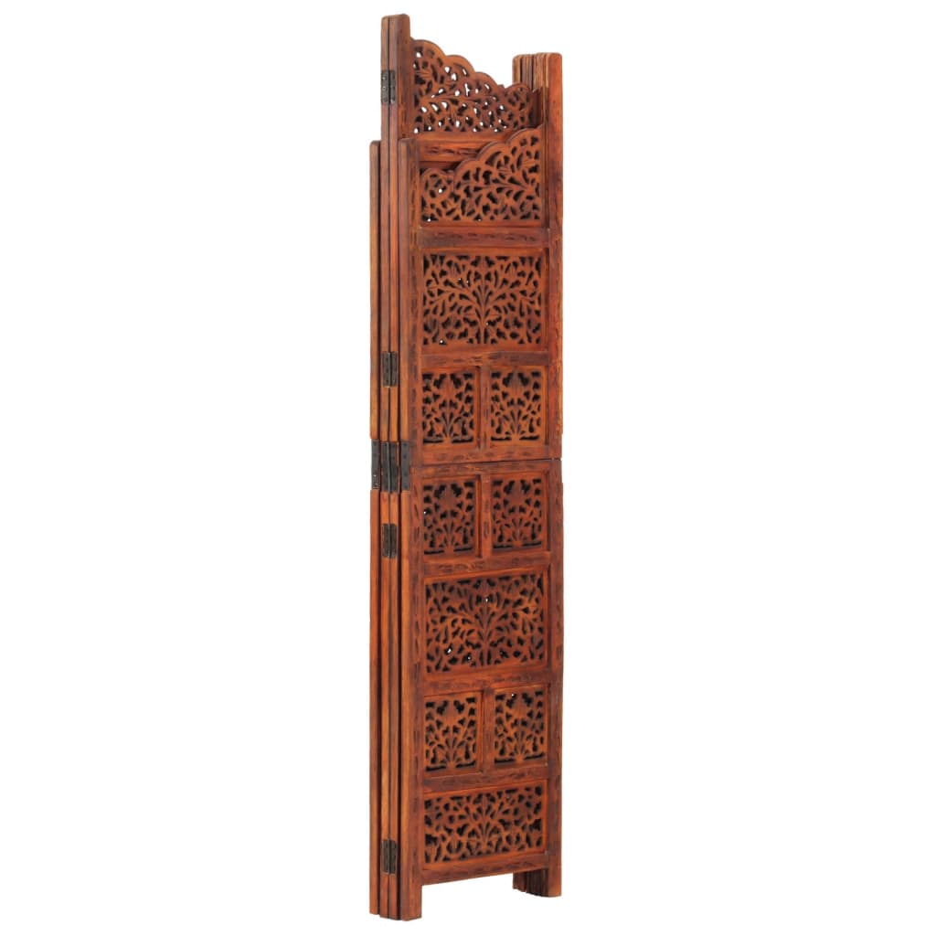 Hand-Carved Solid Mango Wood 4-Panel Brown Room Divider 160x165cm