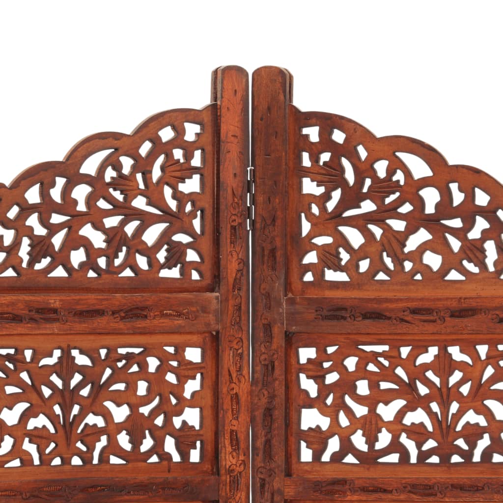 Hand-Carved Solid Mango Wood 4-Panel Brown Room Divider 160x165cm