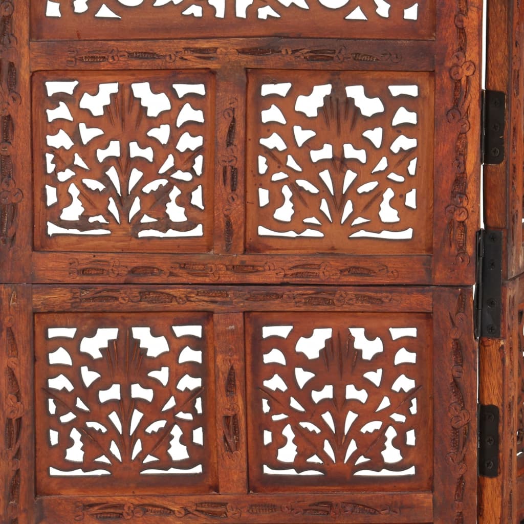 Hand-Carved Solid Mango Wood 4-Panel Brown Room Divider 160x165cm
