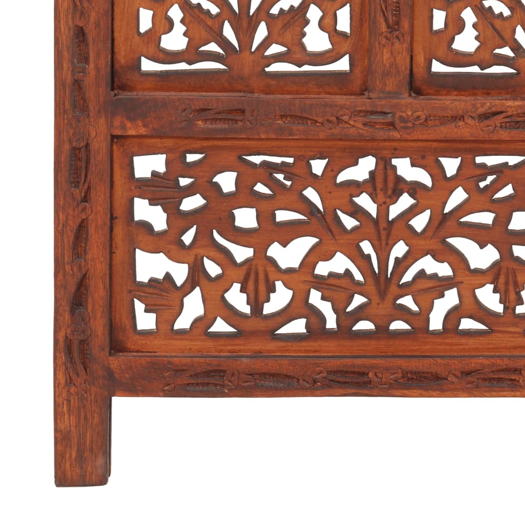 Hand-Carved Solid Mango Wood 4-Panel Brown Room Divider 160x165cm