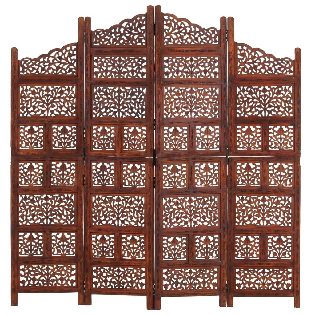 Hand-Carved Solid Mango Wood 4-Panel Brown Room Divider 160x165cm