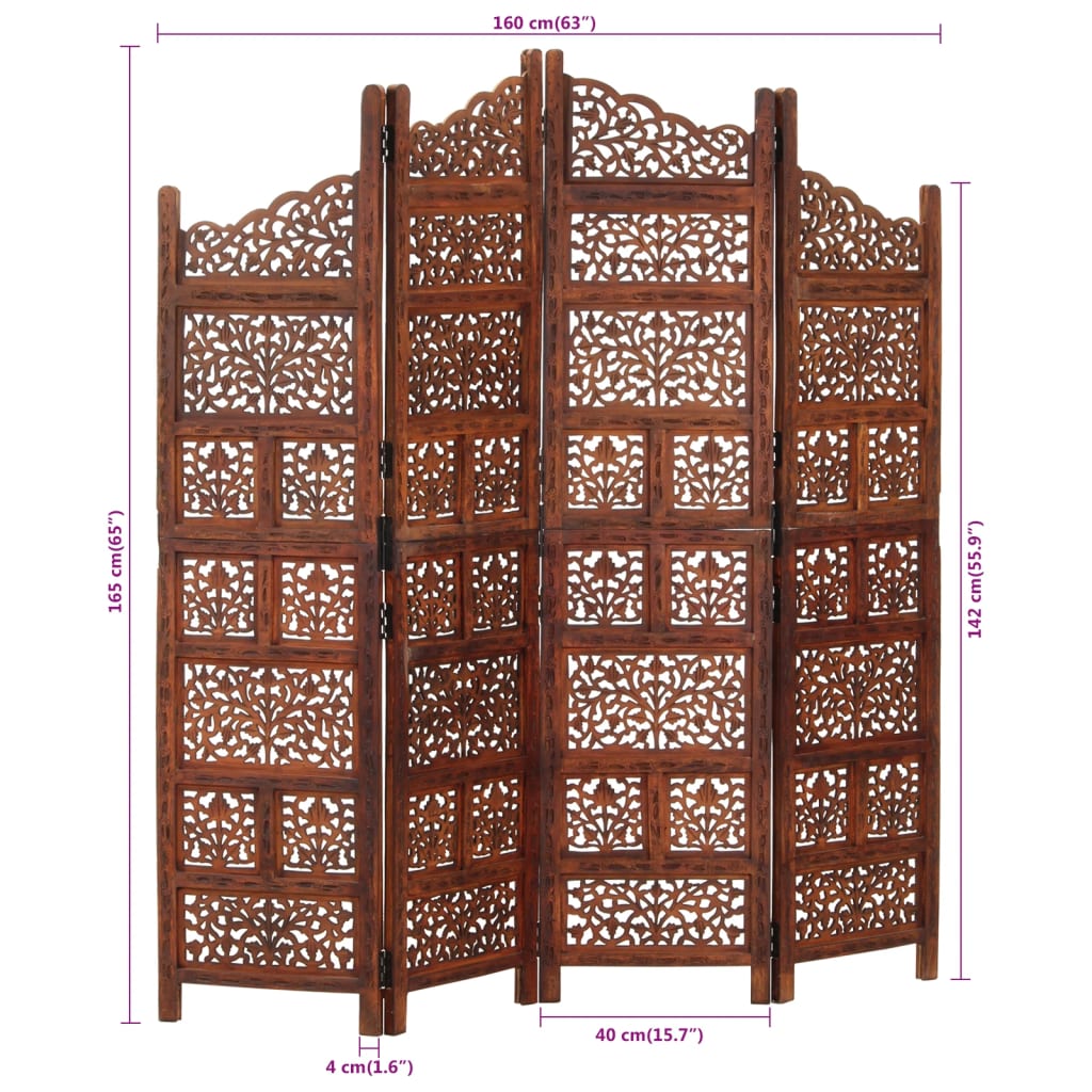 Hand-Carved Solid Mango Wood 4-Panel Brown Room Divider 160x165cm