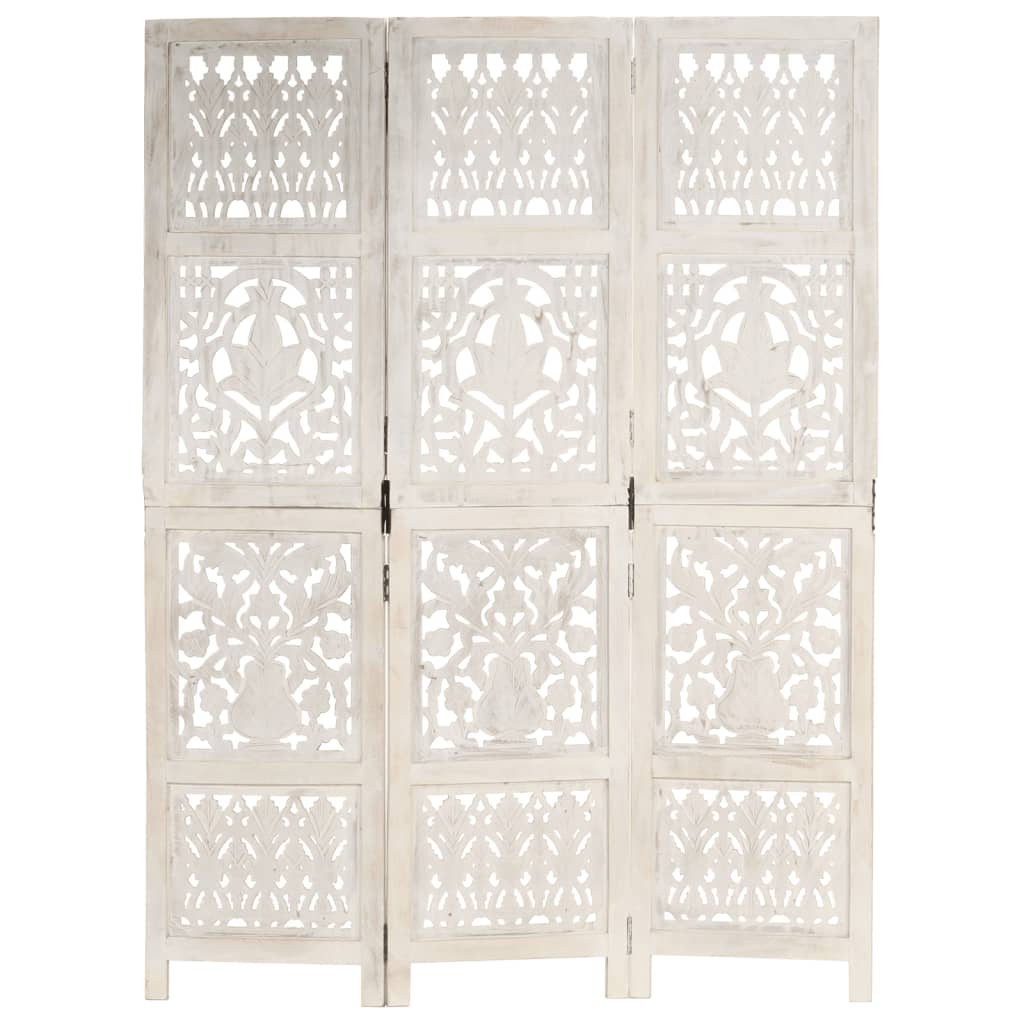 White Solid Mango Wood 3-Panel Room Divider, 120x165 cm