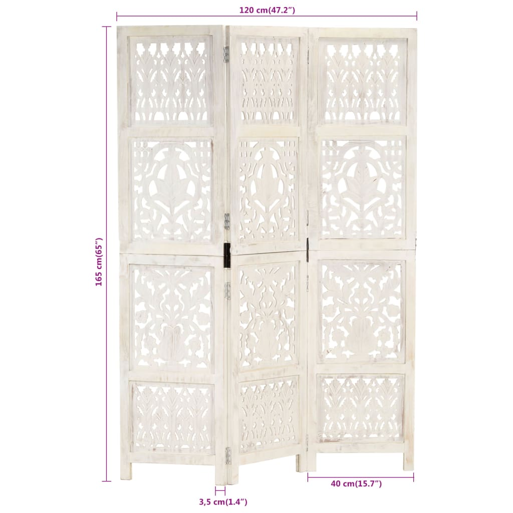White Solid Mango Wood 3-Panel Room Divider, 120x165 cm