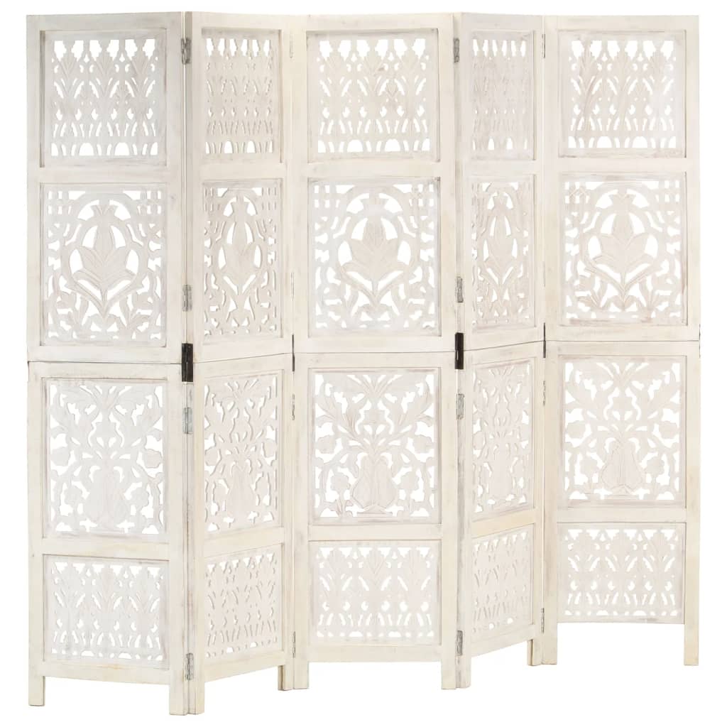 Hand-Carved White 5-Panel Room Divider - Solid Mango Wood 200x165 cm