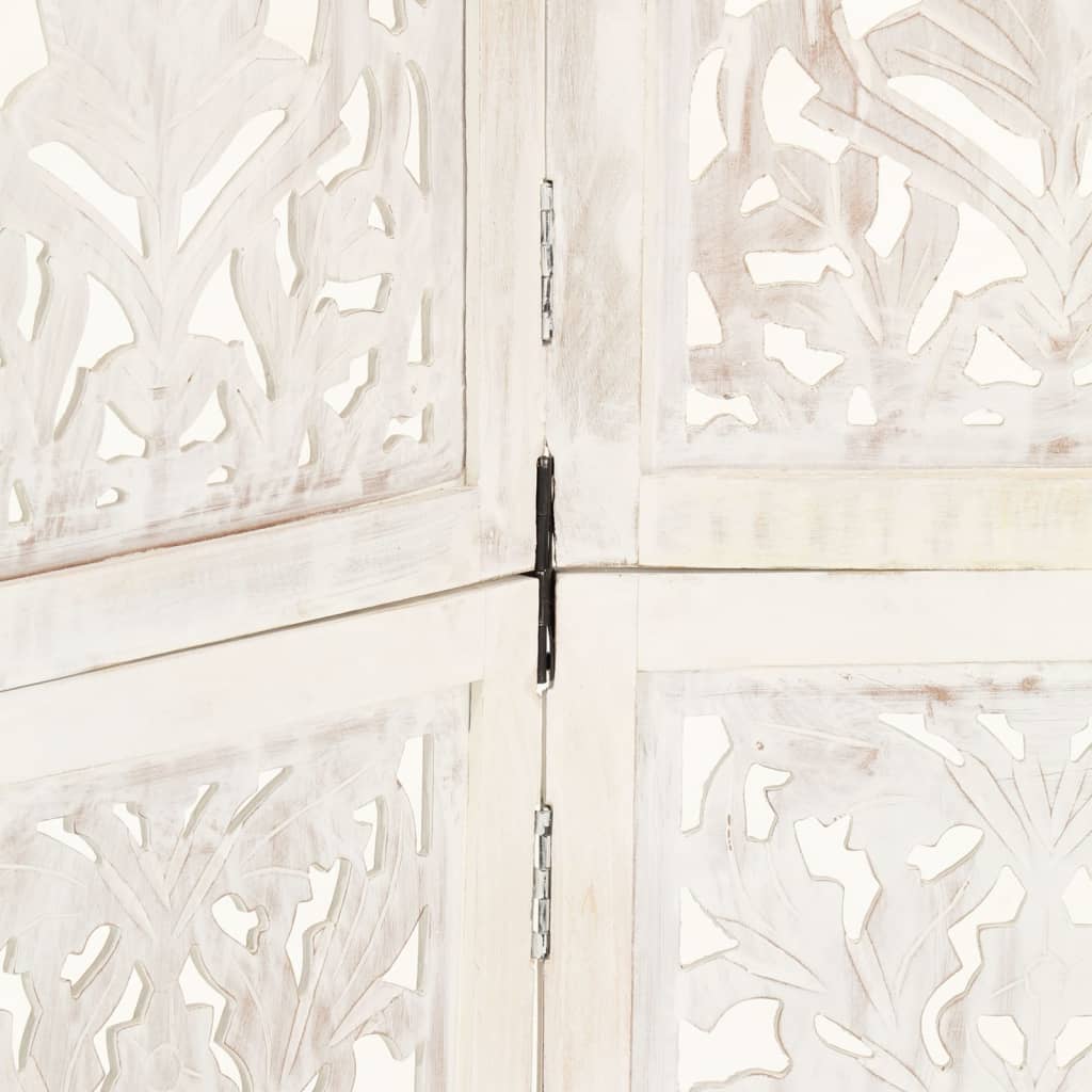 Hand-Carved White 5-Panel Room Divider - Solid Mango Wood 200x165 cm